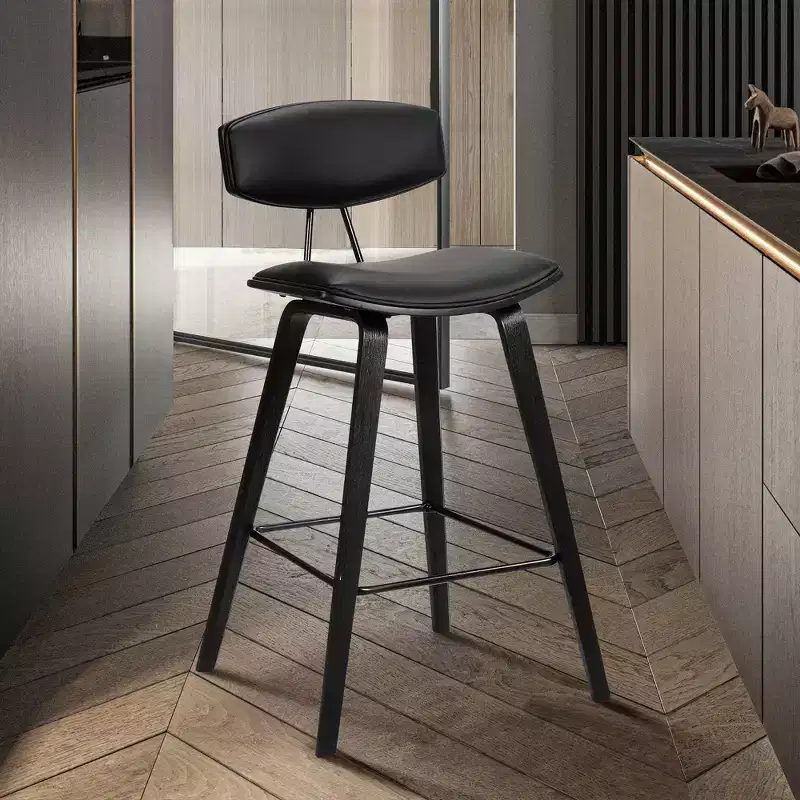 28.5 Fox Mid-Century Bar Height Barstool Faux Leather with Brushed Wood