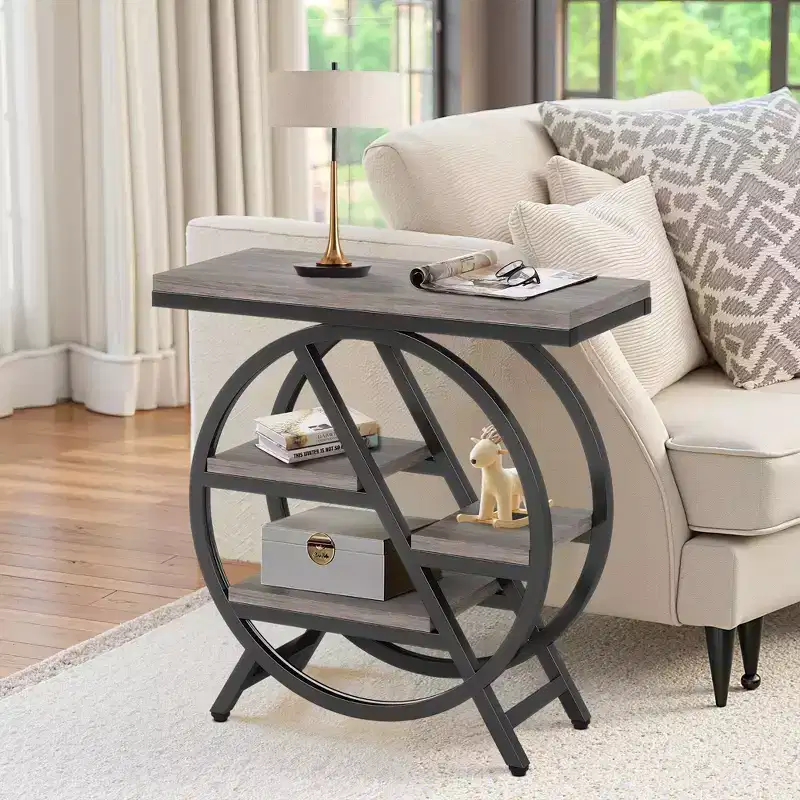 4-Tier Industrial End Table with Staggered Shelves, Black Metal Frame & Rustic Brown Top