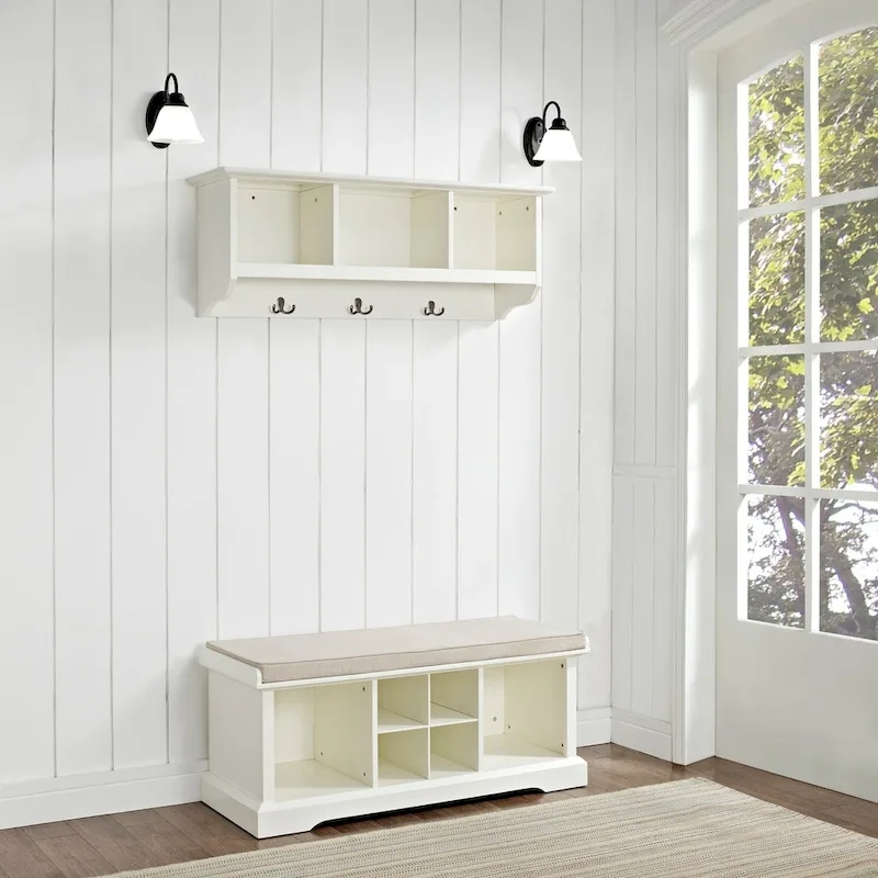 White Wood 2-Piece Entryway Bench and Shelf Set - 41.5W x 18.25H x 15D