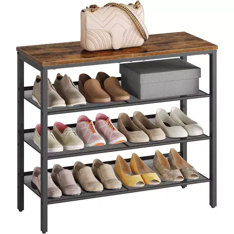 ACOINEL Shoe Rack for Entryway, 4-Tier Industrial Shoe Organizer with Adjustable Mesh Shelves, Holds 12-16 Pairs, Rustic Brown Metal Shoe Shelf