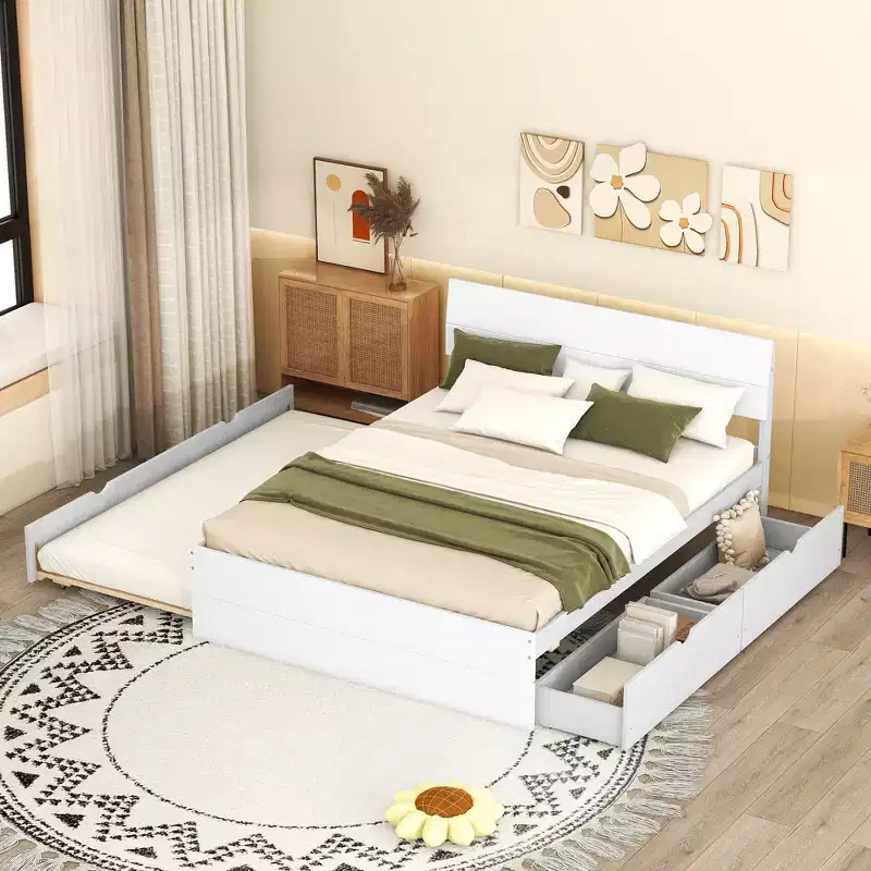 Full Platform Bed with Drawers, Solid Wood Platform Bed Frame with Headboard and Footboard for Bedroom