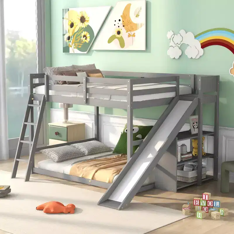 Full over Full Bunk Bed with Ladder, Slide, and Shelves