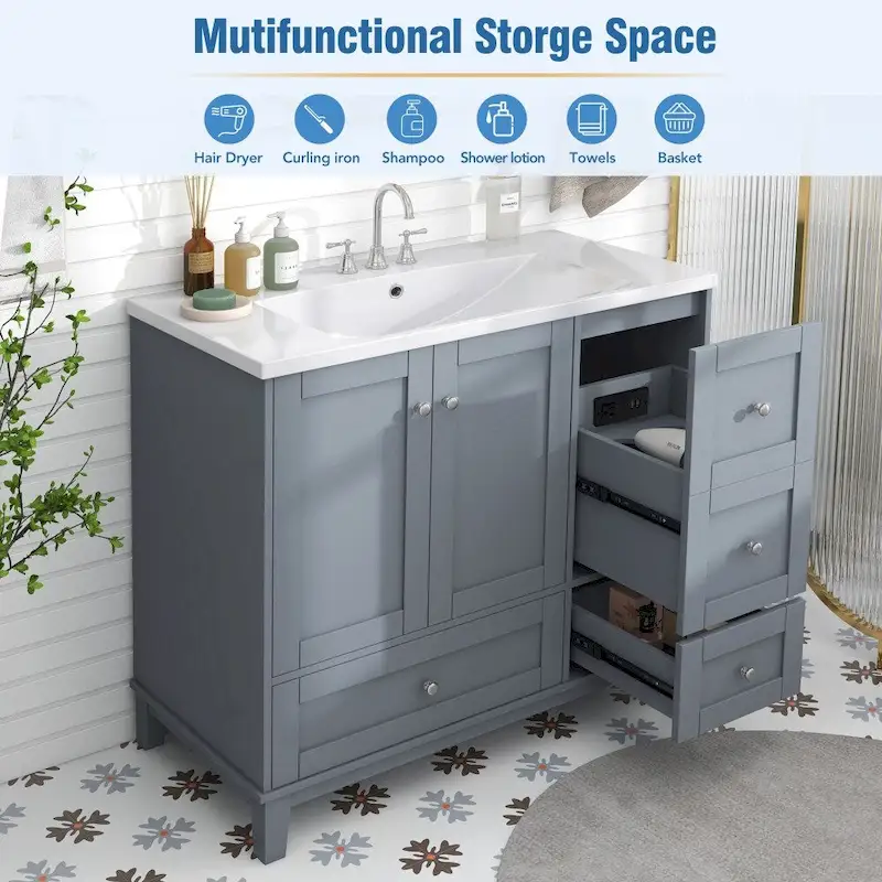 36 Inch Modern Bathroom Vanity with USB Charging and Single Resin top