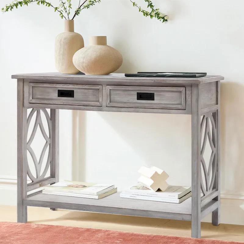 2-Drawer 1-Shelf Console Table, Grey Washed Wood, 32.7