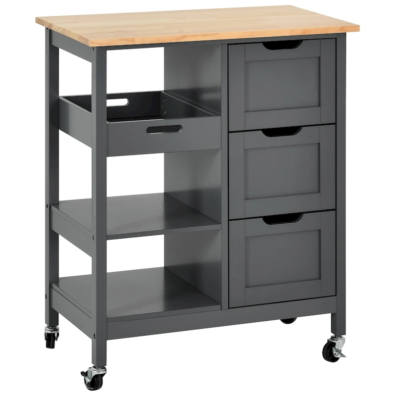 Rolling Kitchen Bar Trolley Serving Cart on Wheels with Wood Top