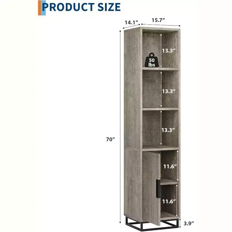 Tall Bathroom Cabinet, 70 Narrow Storage Cabinet with Door and Adjustable Shelf, Open Storage Freestanding for Laundry Room, Kitchen, Living Room