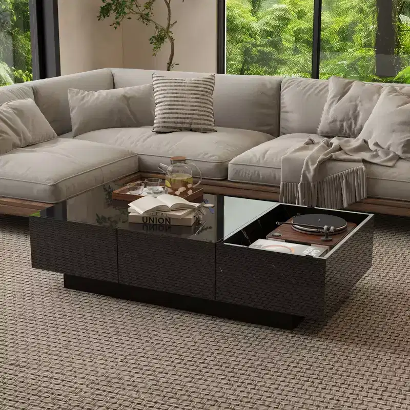 Famapy Modern Black Marble - Pattern Coffee Table with Storage Drawers & Open Shelves for Living Room
