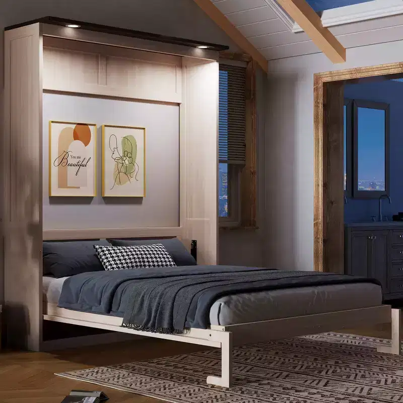 Queen Murphy Bed with Sofa and LED Lights - Pine & MDF, 600 lb Capacity