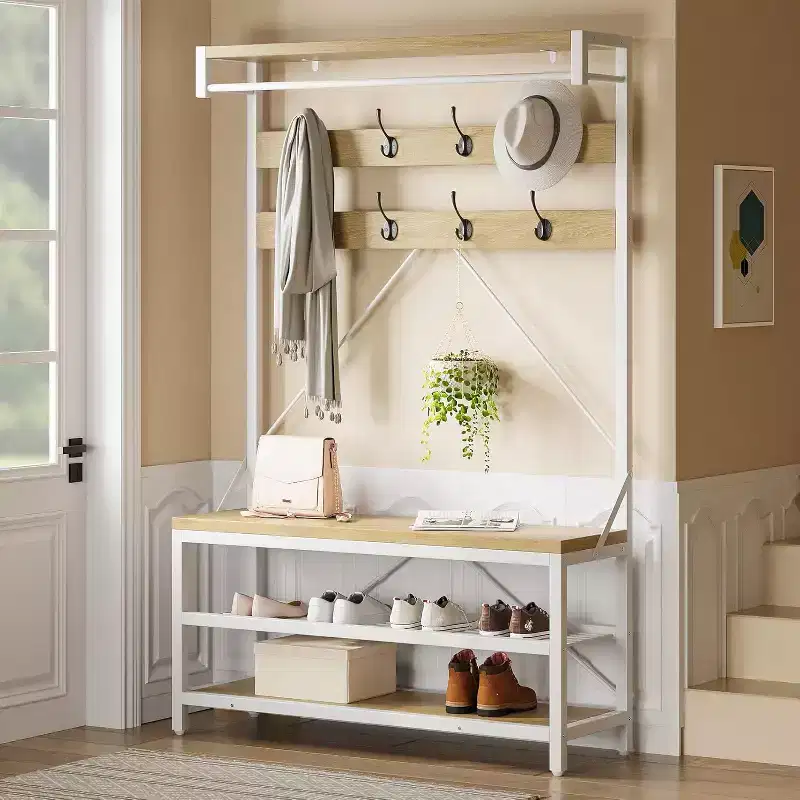 72 Coat Rack Shoe Bench, Industrial Hall Tree Storage Bench for Entryway, Wood Look Accent Large Shoe Rack with Storage Shelf Hanging Bar and 8 Hooks