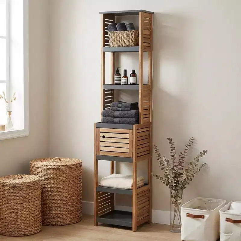 Evideco French Home Goods Bathroom Linen Storage Tower Cabinet Elements Acacia - Gray Wood