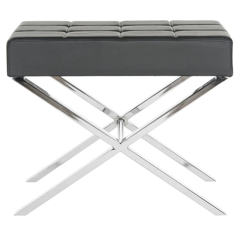 Modern Tufted Leather Ottoman with X-Frame Chrome Base