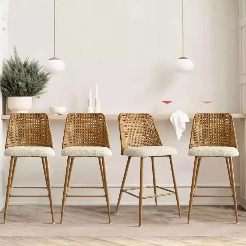 Set of 4 Boucle Rattan Counter Stools, 27 Upholstered Bar Chairs with Rattan Back for Kitchen Island or Breakfast Bar