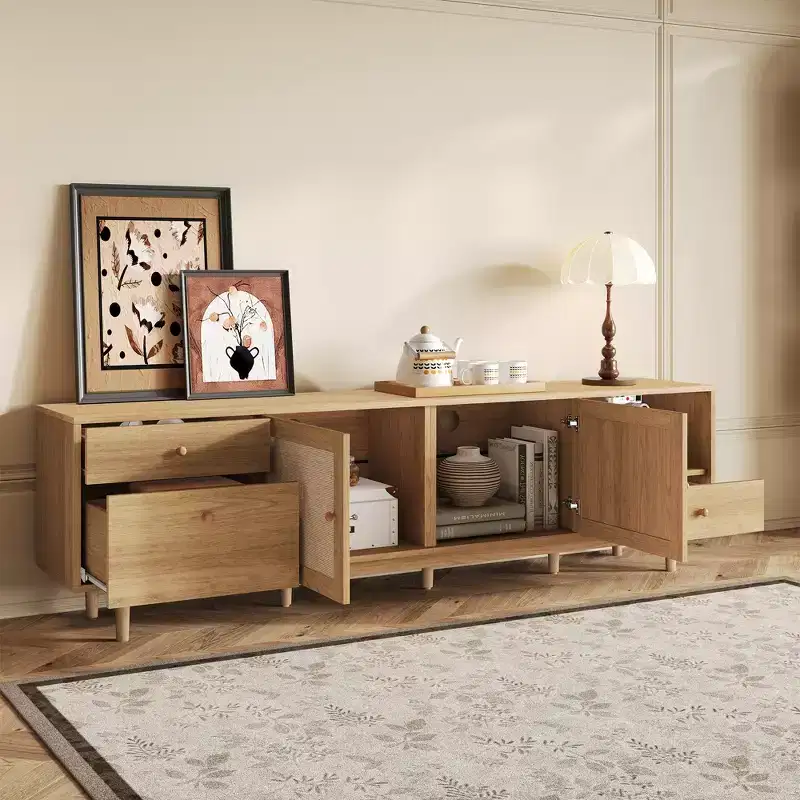 Boho TV Stand for TVs up to 85, TV Console Media Console TV Cabinet with Rattan Doors, Brown