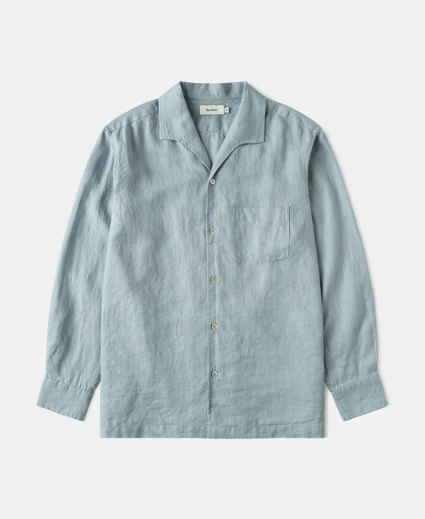 1950s Italian Collar Long Sleeve Linen Shirt - Light Blue