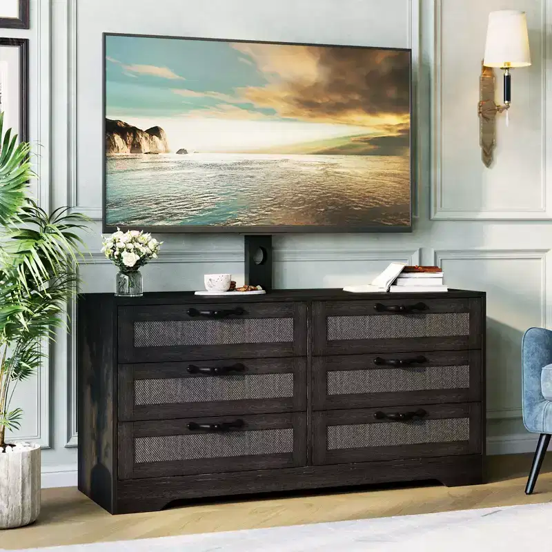 Modern Design TV Stand with Mount  6-Drawer Rattan Dresser for 32-85 TVs  Spacious Storage, Media Console Table