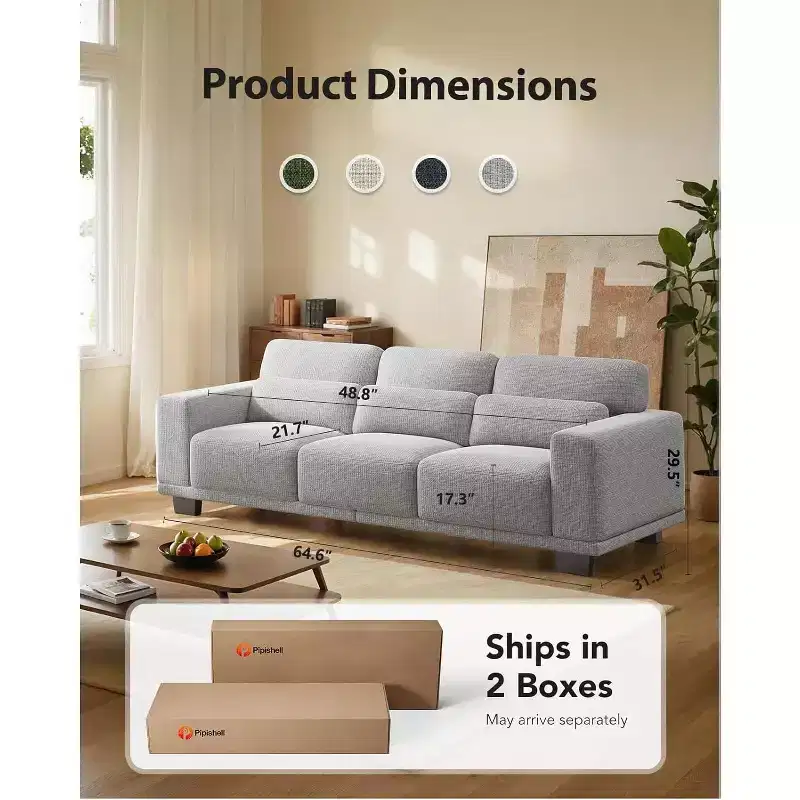 89 Comfy 3 Seater Sofa, 3 Seater Couch for Living Room, Supportive with Thickened Cushion, Removable & Washable Covers, Cotton-Linen Couches, Grey