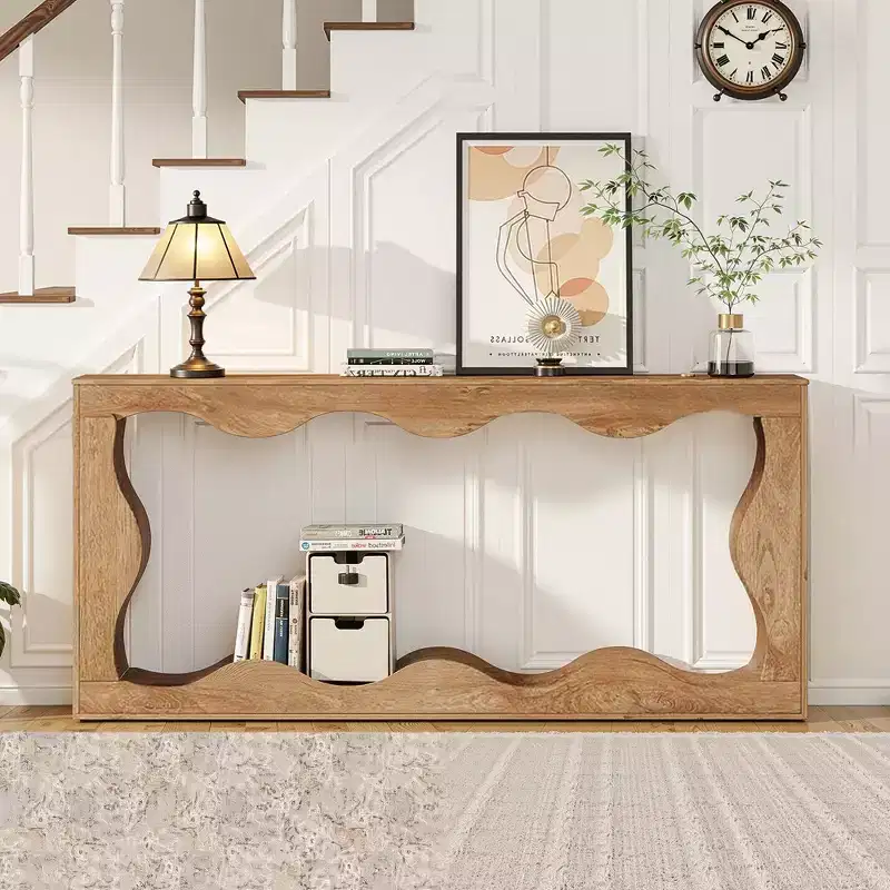 MAYEERTY 63 Wavy Scalloped 2-Tier Console Table, Retro Farmhouse Entryway Table with Natural Wood Grain