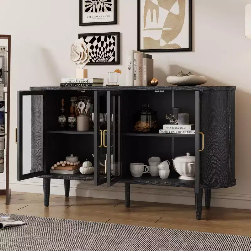 TUYOHW Wood Sideboard Cabinet,Credenza with Cable Management,Tempered Glass Doors,Adjustable Shelves,Console Cabinet for Kitchen,Dining Room