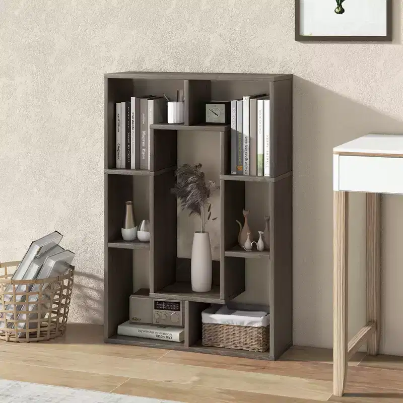 Costway 2 PCS 7-Cube Geometric Bookshelf with Anti-Toppling Device Modern Open Bookcase White/Grey/Natural