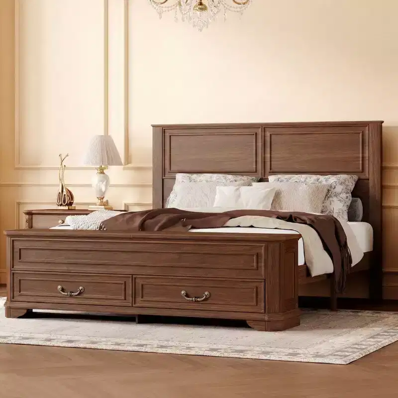 GDFStudio Leonard Farmhouse Style Pinewood Queen Size Bed with Storage Bench and 2 Large Drawers