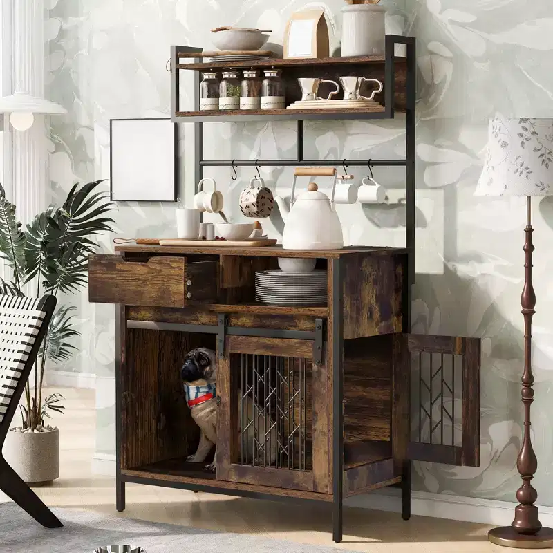 Dog Crate Furniture With Storage Shelves, Pet Friendly Kitchen Baker's Rack with Pet Crate, Dog Cage Coffee Bar Cabinet for Living Room Entryway
