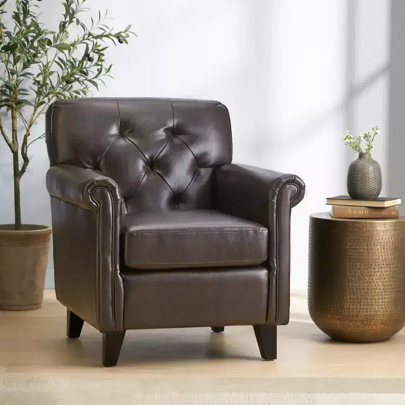 Christopher Knight Home Veronica Contemporary Bonded Leather Tufted Club Chair with Rolled Arm Design