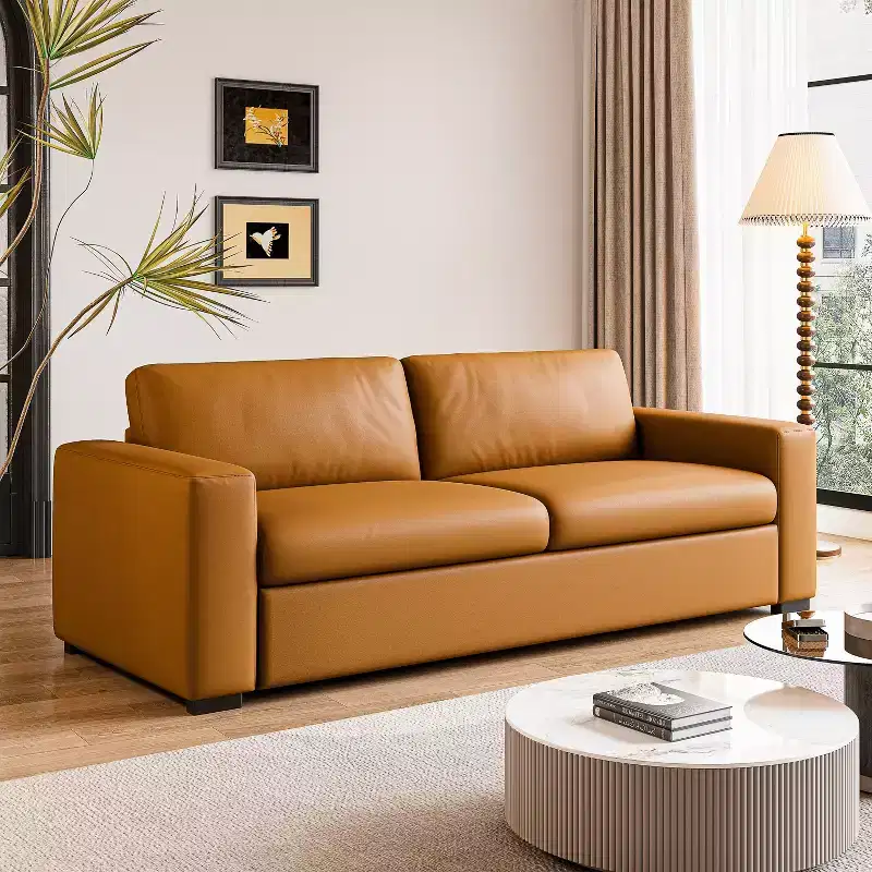 82.7'' Orange Leather Loveseat Sofa with Square Arm, Mid-Century Modern