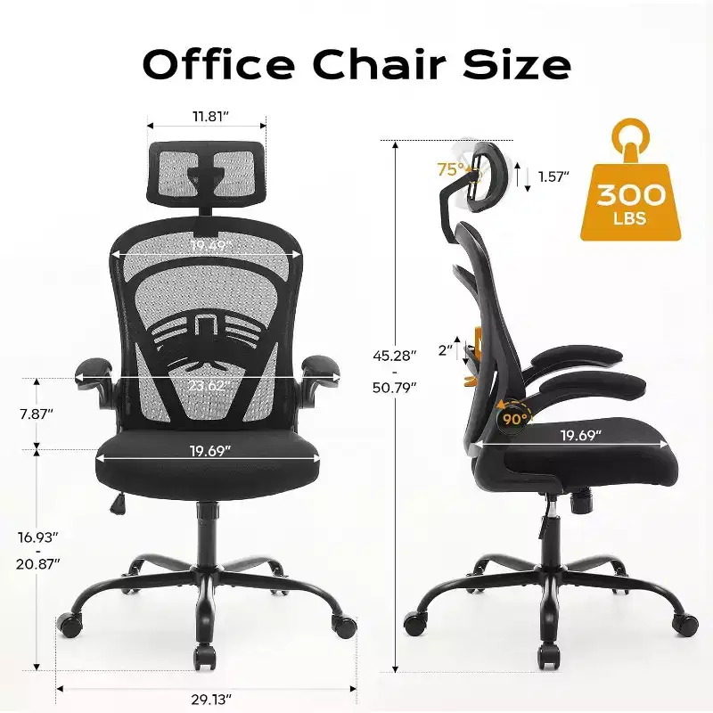 Acekool Ergonomic Office Chair with Flip-Up Armrests, Wide Mesh Seat, Lumbar Support, Computer Desk Chair for Bedroom Study