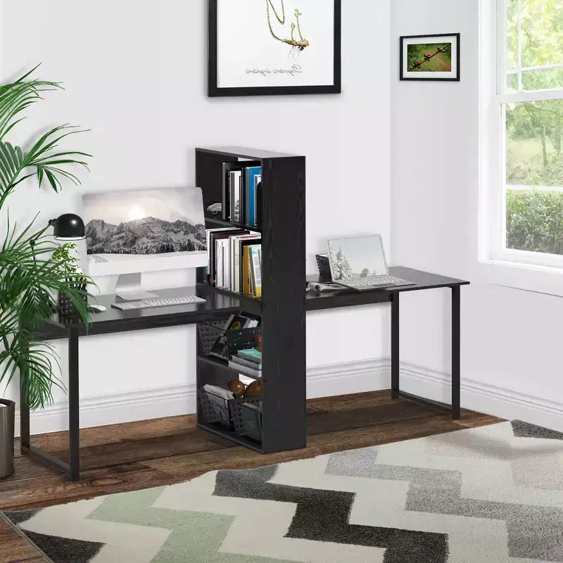 Extra Long Computer Desk with Storage Shelves, Writing Table for Home Office