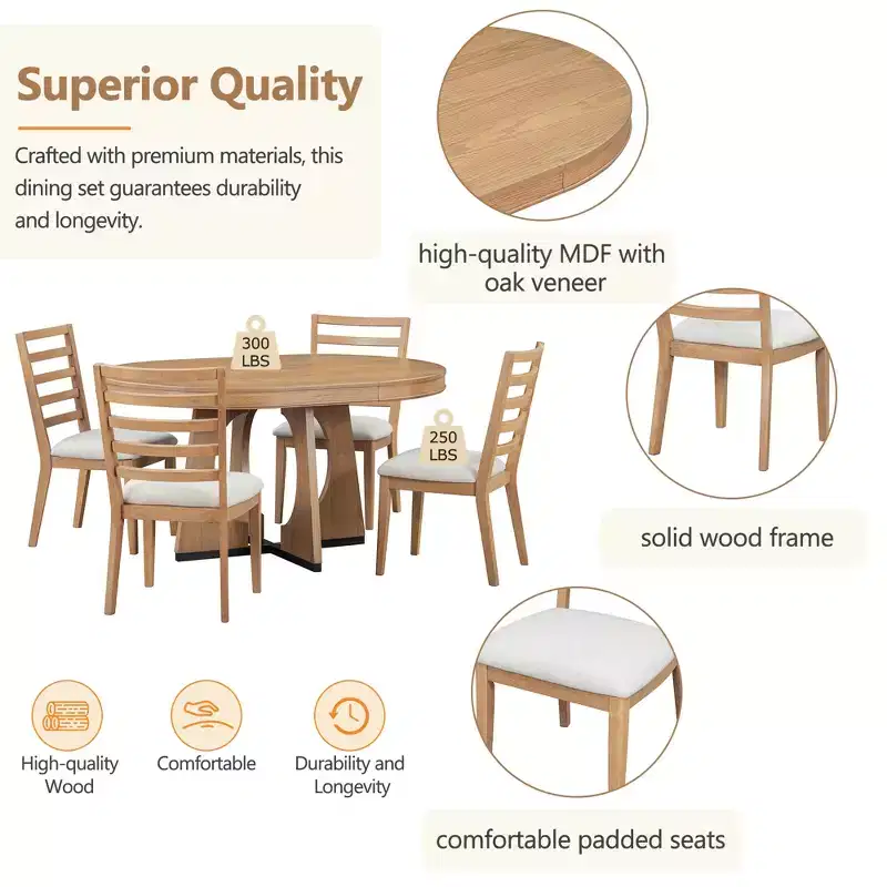Whisen 5-Piece Retro Rustic Functional Dining Set with 1 Extendable Table and 4 Upholstered Chairs