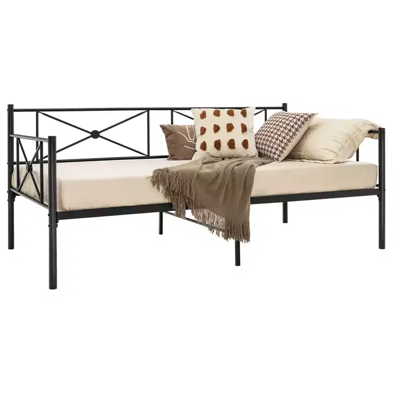 Twin Metal Daybed Frame with Slats, Classic Mattress Foundation Bed Sofa - White/Black