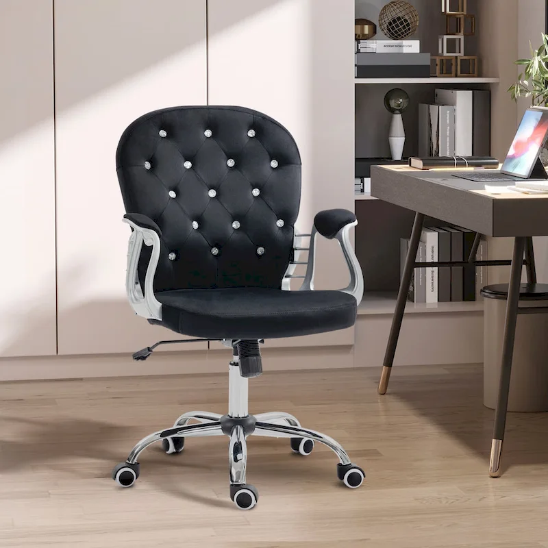 Vanity Middle Back Office Chair Tufted Backrest Swivel Rolling Wheels Task Chair with Height Adjustable Armrests