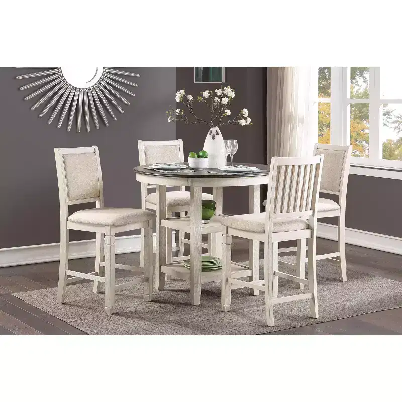 Okak Round Dining Table Transitional Style for Small Space, Counter Height Table with 2 Display Shelves for Living Room, Office, Kitchen