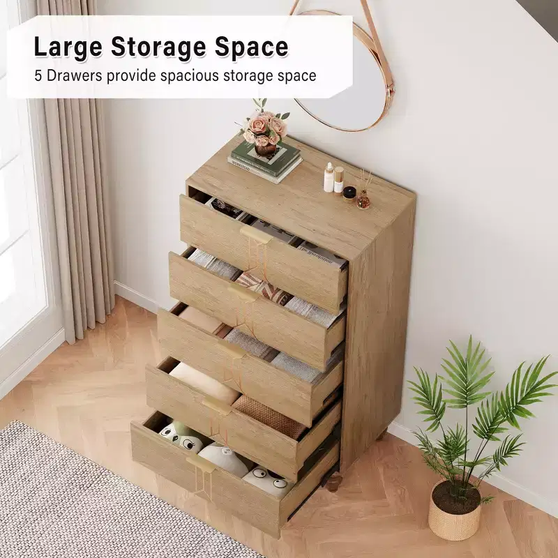 5 Drawers Dresser, Modern Wooden Tall Dresser with Deep Drawers, Chest of Drawers for Bedroom, Living Room, Hallway, Entryway