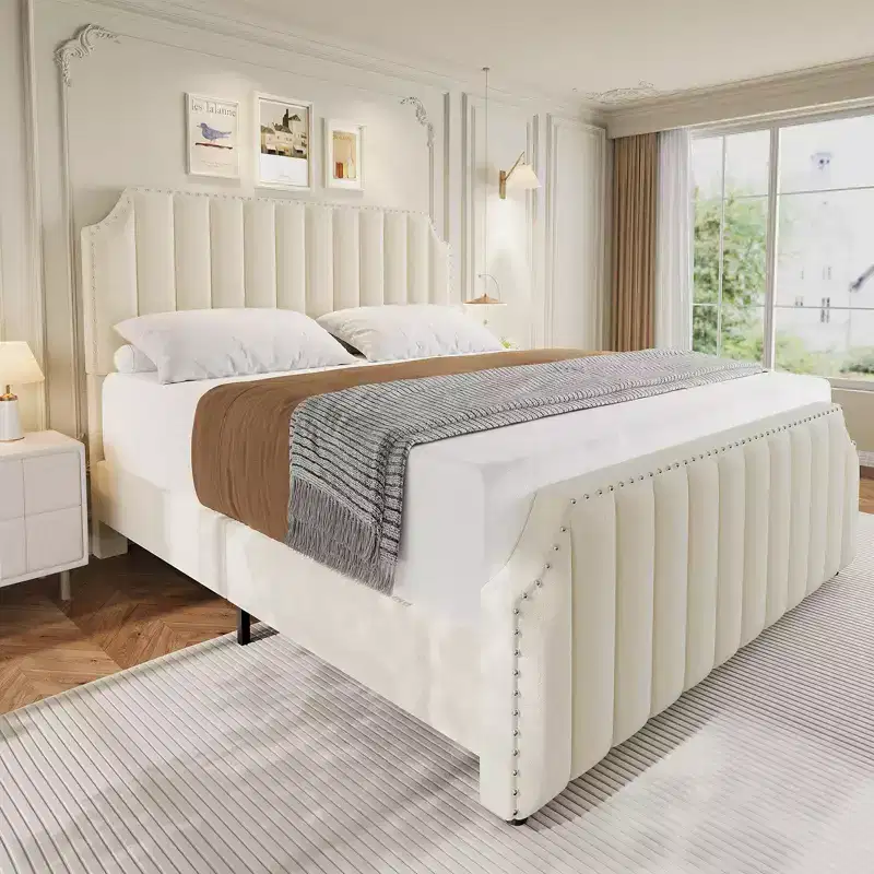 King Size Velvet Bed Frame, 50.2 Tall Headboard & Footboard, Upholstered Platform King Bed Frame with Nailhead Trim, No Box Spring Needed