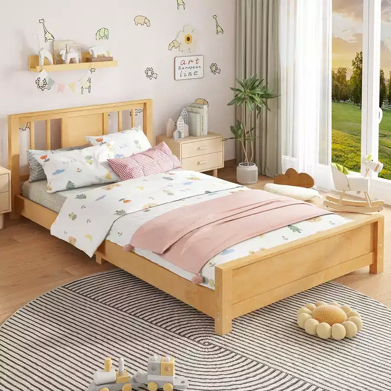Twin Platform Bed with Headboard, Solid Wood Low Profile Platform Bed Frame with Support Slats for Bedroom