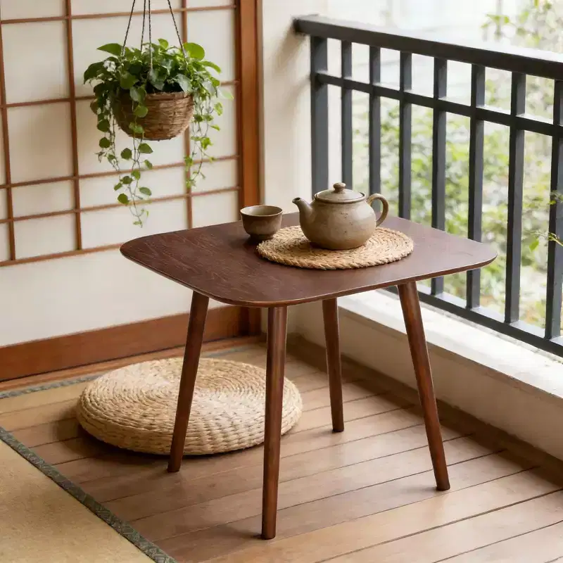 JVNOXK 35-inch square dining table, minimalist design with tapered outward-flared legs, perfect for family gatherings. Walnut