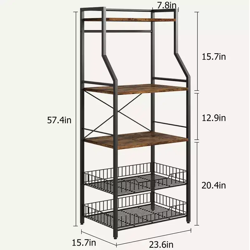 Freestanding Kitchen Bakers Rack, 5 Tier Microwave Stand with Wire Basket & Adjustable Feet, 50.7'' Tall Industrial Coffee Bar Statio