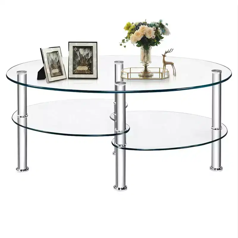 Oval Tempered Glass Coffee Table with Storage Side Shelf and Metal Legs 35 x 20 in Clear