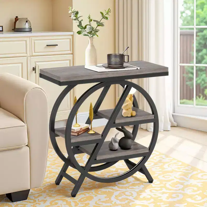 TUYOHW Industrial End Table,4-Tier Side Table with Rustic Brown Top & Black Metal Frame,Staggered Shelves