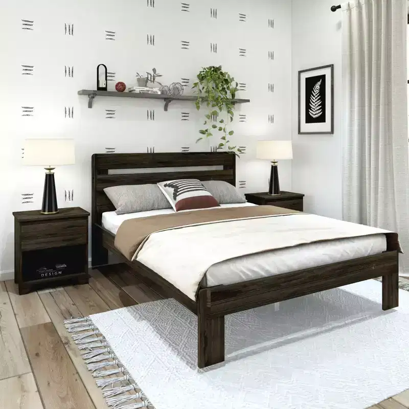 Farmhouse Queen Bed with Plank Headboard, Solid Wood Platform Bed