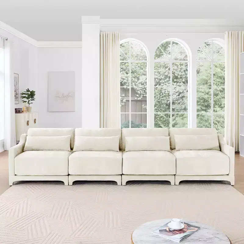 4-Seater Solid Wood Frame Chenille Beige Sofa with Lumbar Pillow High Resilience Sponge Easy Install