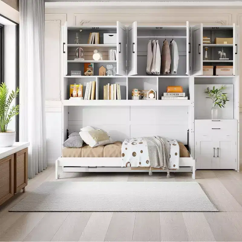 All-in-One Twin Murphy Bed with Foldable Desk, White