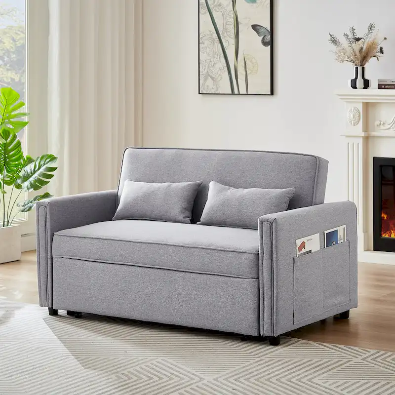 Modern Linen Convertible Loveseat Sleeper Sofa Couch with Adjustable Backrest, Pull-Out Bed and 2 Lumbar Pillows