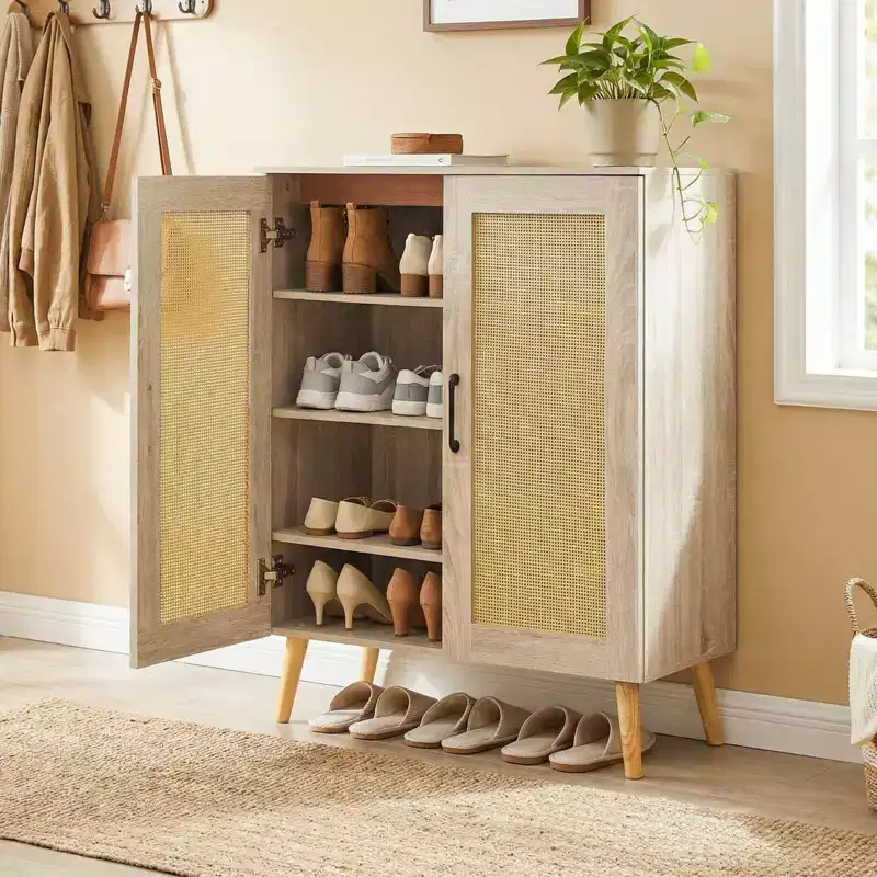 Costway Rattan Shoe Cabinet with 3 Removable Shelves,5-Tier Narrow Cabinet Wood Legs, Walnut/Natural
