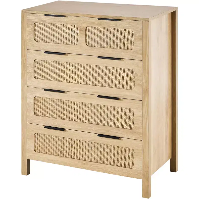 4 Drawer Rattan Dresser, Boho Dresser, Rattan Chest of Drawers with Spacious Storage, Natural Rattan Dresser, Wood Color