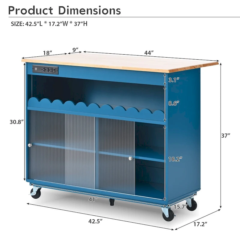 44 in. W Kitchen Island Rubberwood Drop-Leaf Countertop on 5 Wheels with Open Shelf and Wine Rack - 44