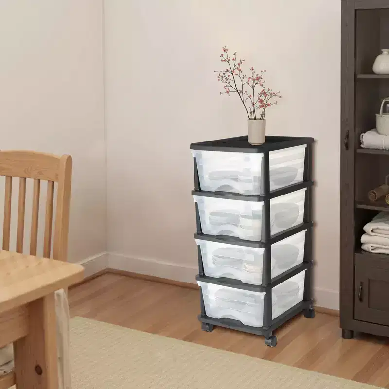 Plastic Storage Drawers Cart, 4 Drawers Storage Organizer with Wheels, Rolling Closet Organization and Storage Dividers, Transparent & Black