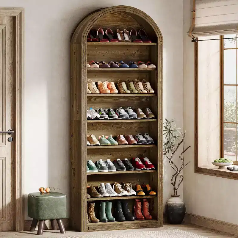 Shoe Storage Cabinet, 8-Tier Tall Shoe Organizer Cabinet, Large Wooden Freestanding Shoe Rack for Closet Entryway, Brown