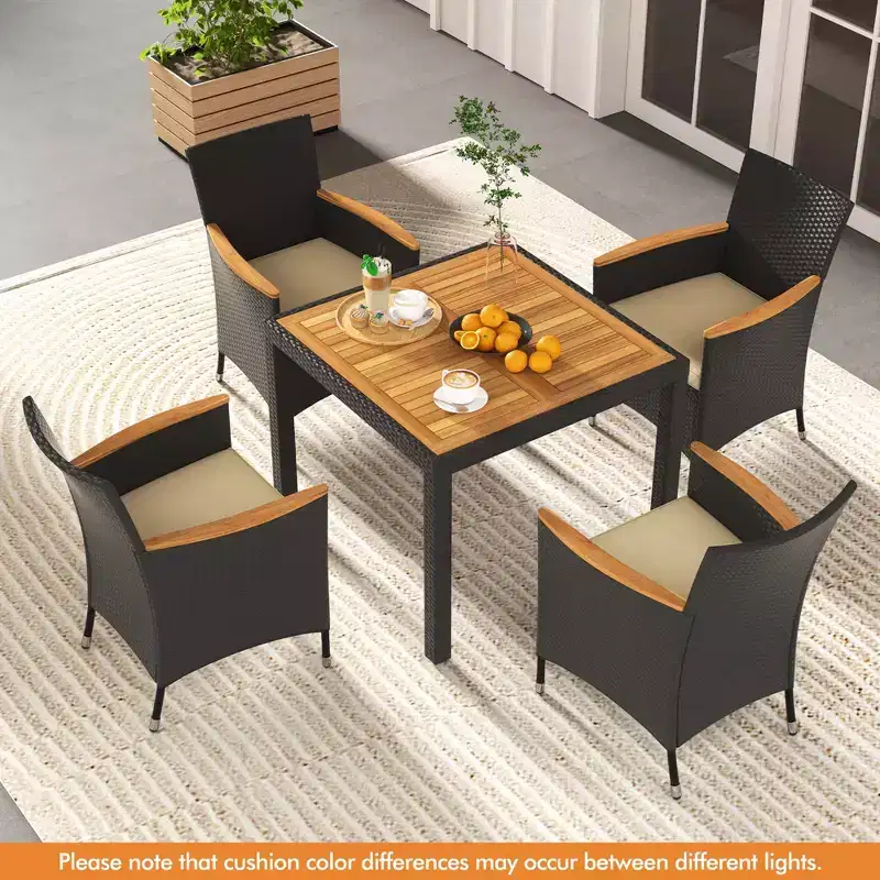 Costway 5 PCS Patio Dining Table Set for 4 Rattan Conversation Set with Umbrella Hole Black/White/Brown